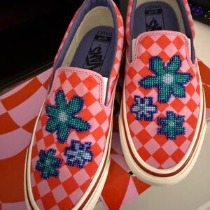Gucci Vans Pink and Orange Checkered Slip-On Shoes
